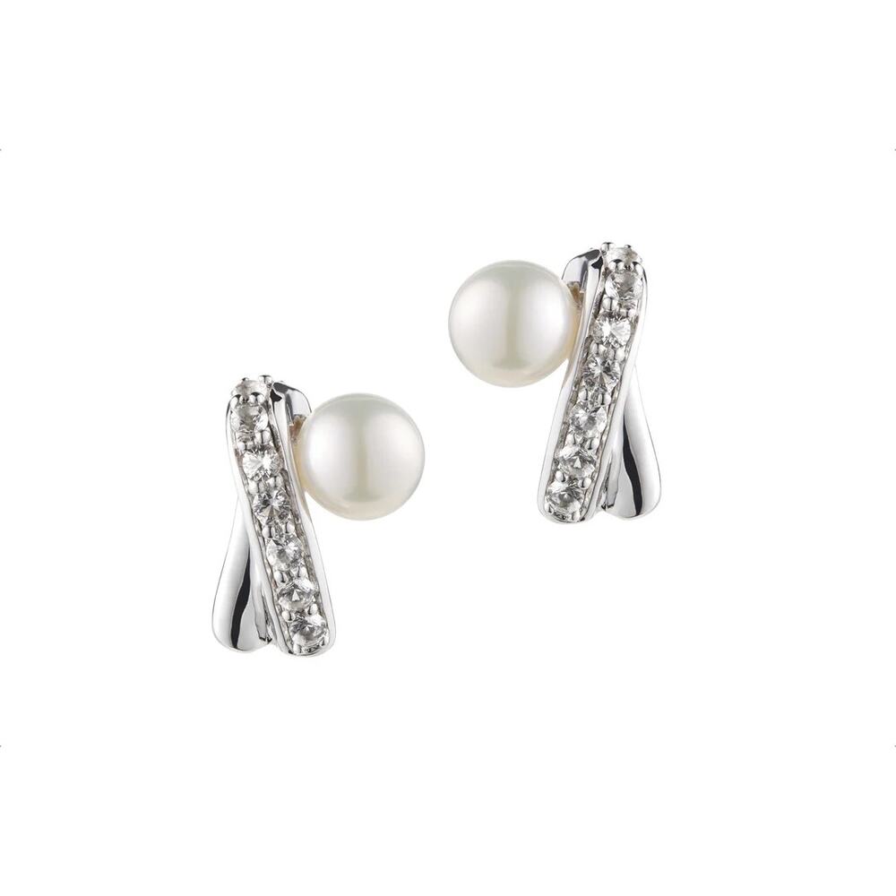 New Doting Dews Marina Fresh Water Pearl & White Topaz Rhodium Silver Earrings